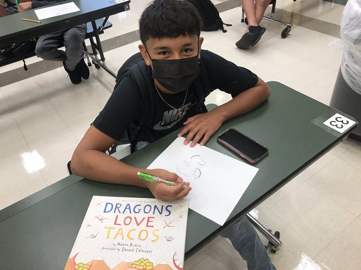 ASeidenberger1's tweet image. “Dragons Love Tacos” read aloud art activity following hearing the book!   Literacy focused Toreador Time for Jim Barnes Middle School students is underway! #ToREADors