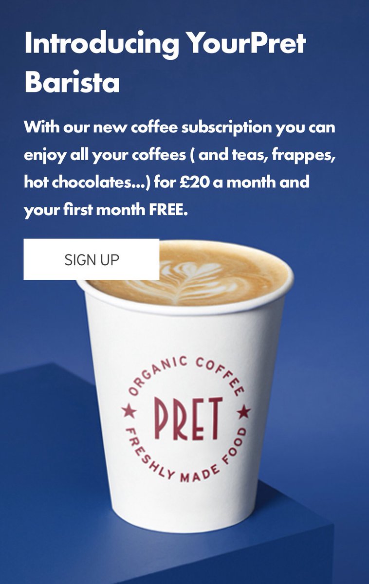 #fastfood #Retail chain <a href="/pretamanger/">pretamanger</a> to launch a monthly #coffee #subscription : #YourPretBarista for £20 per month pret.co.uk/en-GB/your-pret