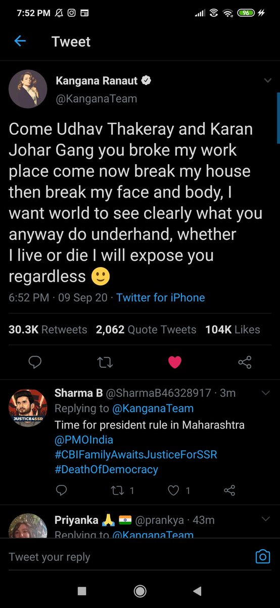 BluntWitch24's tweet photo. #DeathOfDemocracy 
@PMOIndia @HMOIndia sir with due respect asking you'll that what's happening isn't it GUNDAGARDI.
The way they're riled up shows &amp; states that @KanganaTeam was right what she said. They proved it word by word.
#CBIFamilyAwaitsJusticeForSSR
@TimesNow @Swamy39 https://t.co/dddn7ZS000