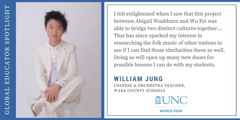 UNCWorldView's tweet photo. UNC World View’s September Global Educator Spotlight is on William Jung, a Chinese &amp; Orchestra teacher in Wake County. Read about Will’s commitment to his school, his students &amp; to global ed https://t.co/S1eiIX5VYR   #WorldView2020 #globaled 
@BrokenBaton @millbrookmagnet @WCPSS https://t.co/0mHfRpOs1i