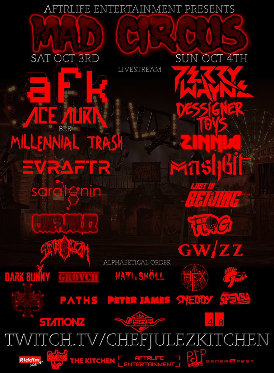 AftrlifeEnt's tweet photo. @AftrlifeEnt @Gener8Fest @Chefjulezstudio @bakedupco @riddim_squad  are proud to present MAD CIRCUS with @AFKdubstep @OfficialAceAura @MILLENNIALTRSH @dessigner_toys @Mashbitmusic @EVRAFTRofficial @saratonintunez @zinnia_music @Lost_in_Beijing @SiMBOLiZM and so much more! https://t.co/Ef0ruIyin0