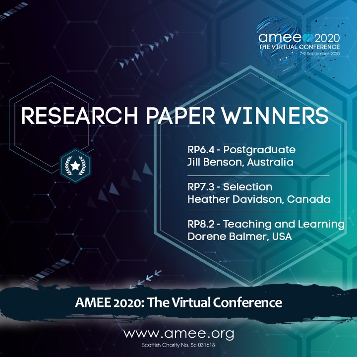 The #AMEE2020 The Virtual Conference Awards &amp; Prizes have been announced!

Congratulations to the Research Paper Winners...

Postgraduate RP6.4 – Jill Benson, Australia
Selection RP7.3 – Heather Davidson, Canada
Teaching &amp; Learning RP8.2 – Dorene Balmer, USA

#MedEd
#ComingToAMEE