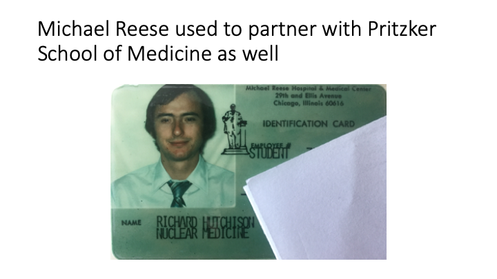 Also notably (to me), my dad  @HutchFACS did some of his @UChiPrizker medical school training at Michael Reese, and I found this ID among some medical hand-me-downs he gave me when I started medical school (sensitive information hidden by paper corner)