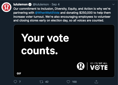 A frend submit this ad to me, and I realized I wasn't following Lululemon. I peaked over at their feed, and it's 100% nonstop leftist agitation.Is there anybody out there who doesn't know that "Get Out The Vote" efforts are all implicitly "Vote Democrat" vote farming efforts?