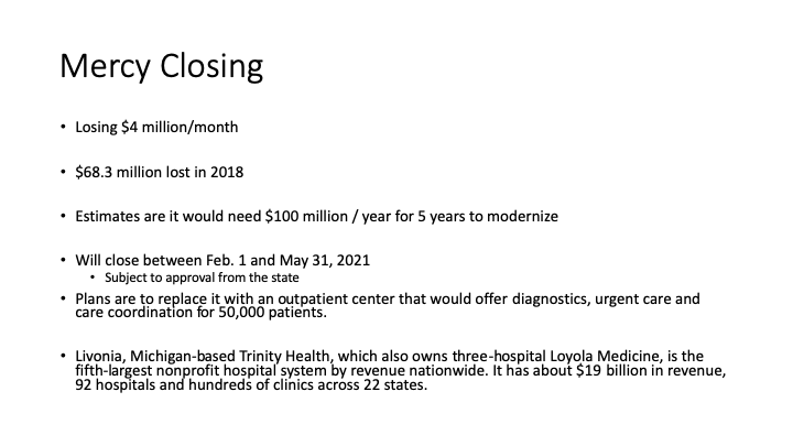 Mercy is slated to close, as it has been losing money for several years now. Credit to  @kschorsch and  @steph_goldberg for several articles on this topic. • https://www.wbez.org/stories/doctors-lawmakers-protest-closing-chicagos-mercy-hospital/852bb774-5ff9-49d8-a0b4-19bc7a4d6282• https://www.chicagobusiness.com/health-care/mercy-hospital-closing• https://chicago.cbslocal.com/2020/07/29/activists-mercy-hospital-closing-will-create-health-care-desert-for-bronzeville/