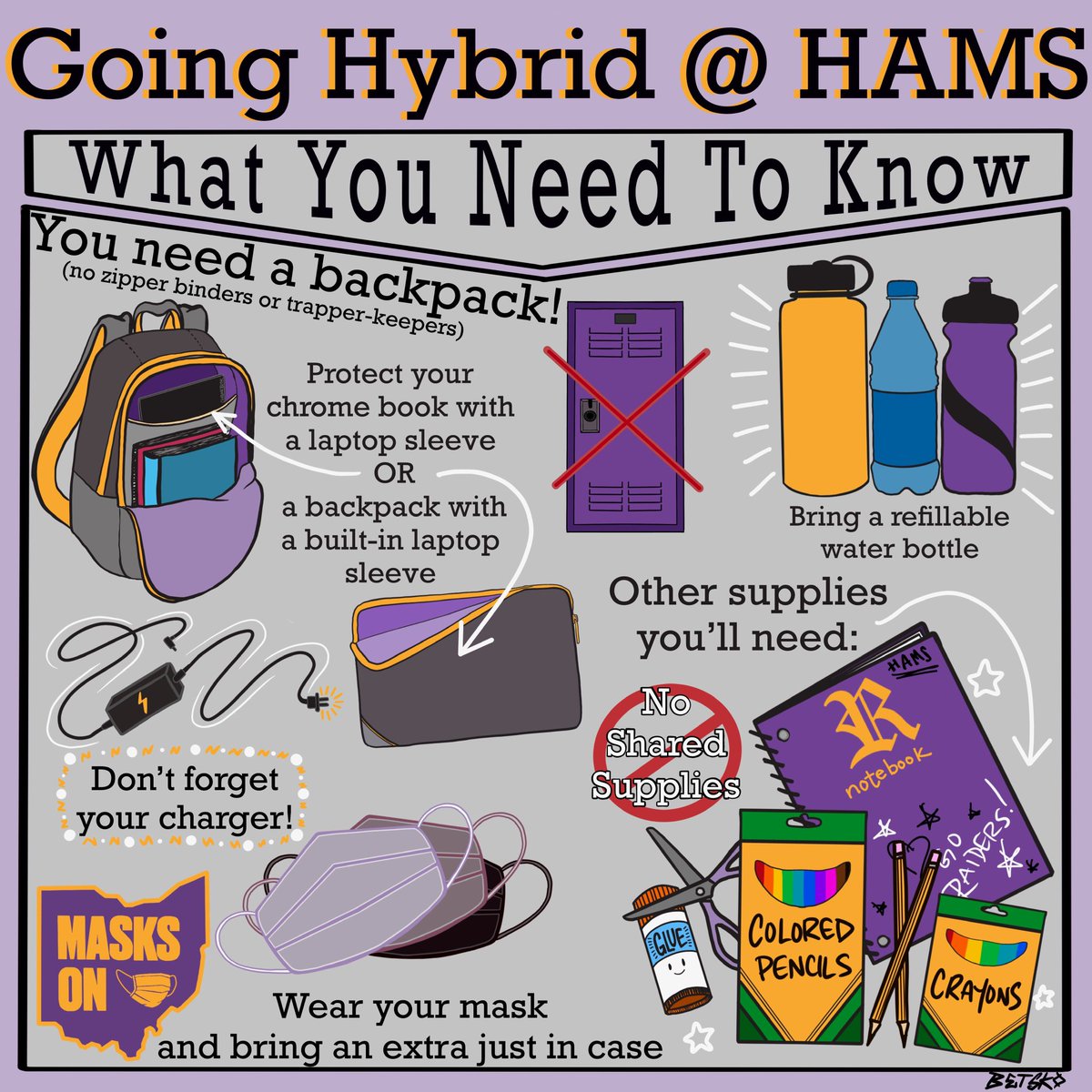While teachers are taking the day to prep for Hybrid Instruction starting on September 21st, we thought we would give our students and families some important information about Going Hybrid @ HAMS!  💜💛
