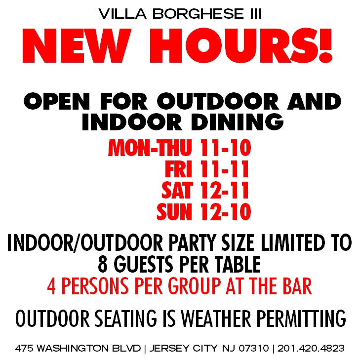 NEW HOURS! We are OPEN for BOTH Outdoor AND Indoor seating! Table party size is limited to 8 guests per and seating at the bar is limited to 4 per group. We open Mon-FRI 11am, Sat-Sun 12pm. We're open Sun-Thu until 10pm, Fridays and Saturdays 11pm. Hope to see you soon! 😍