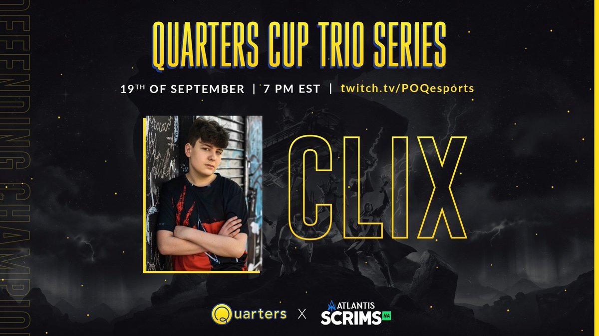 ATLScrims_NA's tweet photo. The man @ClixHimself  won our last cash tournament definitively. Hes returning to defend his Crown for the Atlantis x @POQesports $2,500 finals next weekend Sept 19th! https://t.co/HLNOAu2fg2