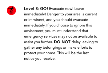  #alert BREAKING: Level 3 evacuation for the City of Estacada happening now. Deputies on-scene going door to door.  @clackamas911 just initiated reverse 911.Level 3 means: GO! Evacuate now! Leave immediately! Danger to your area is current or imminent.