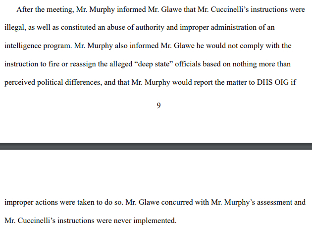 Cuccinelli ordered Murphy and Glawe to fire or reassign the "deep state" analysts. They both agreed that this was a crime and abuse of power and refused to carry out the order.
