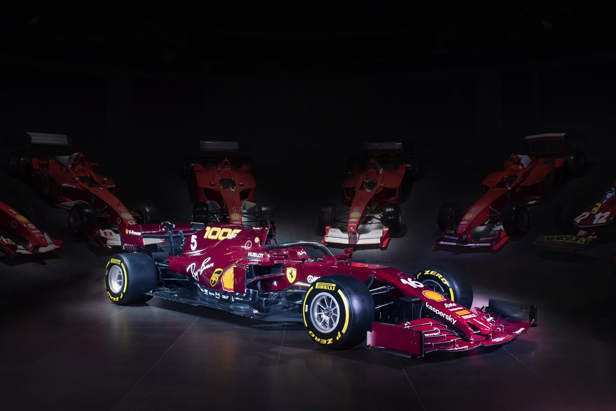 F1Tornello's tweet photo. Como había anunciado, @ScuderiaFerrari irá al #TuscanGP con los colores de su primera carrera, en Mónaco 1950. Se la ve muy linda a la #SF1000. Ojalá esté a la altura de sus 1000 GP. #essereFerrari https://t.co/DB2sG1rmQ1