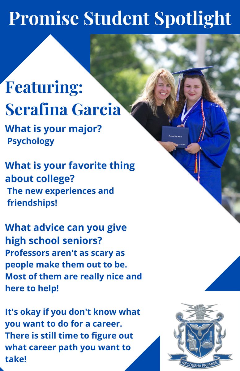 NeodeshaPromise's tweet photo. Our first #Promisespotlight student of the month is @serag0213! Keep doing great things Serafina! We are proud of you! #smalltownbigpromise #usd461 #Bluestreakpride #classof2020 #yourfutureourpromise https://t.co/CAvSWaGnYx