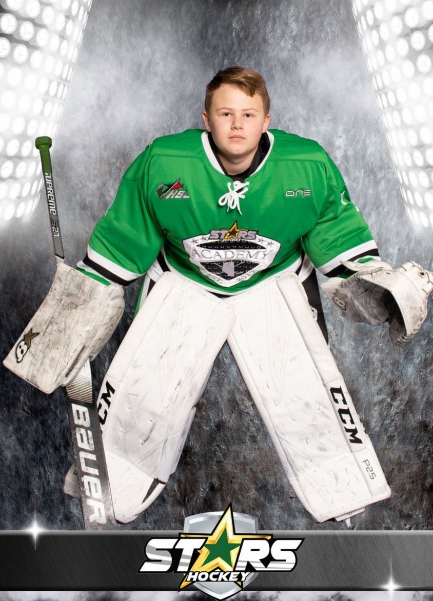 Stars Academy U14 welcomes back goalie, Carsen Washburn #1! Carsen's game play most resembles that of Marc-Andre Fluery with his good reflexes &amp; resiliency.  In the 2019-2020 HSL playoff season, his save percentage was 0.940 with a GAA of 2.66 and one shutout!#starshockeyfamily