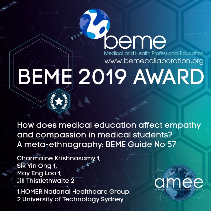 AMEE_Online's tweet photo. The #AMEE2020 The Virtual Conference Awards &amp; Prizes have been announced!

Congratulations to the BEME 2019 Award Winners
Charmaine Krishnasamy 1
Sik Yin Ong 1
May Eng Loo 1
Jill Thistlethwaite 2

1 HOMER National Healthcare Group,
2 Uni of Technology Sydney

#MedEd
#ComingToAMEE https://t.co/SsbJWl8Ur6