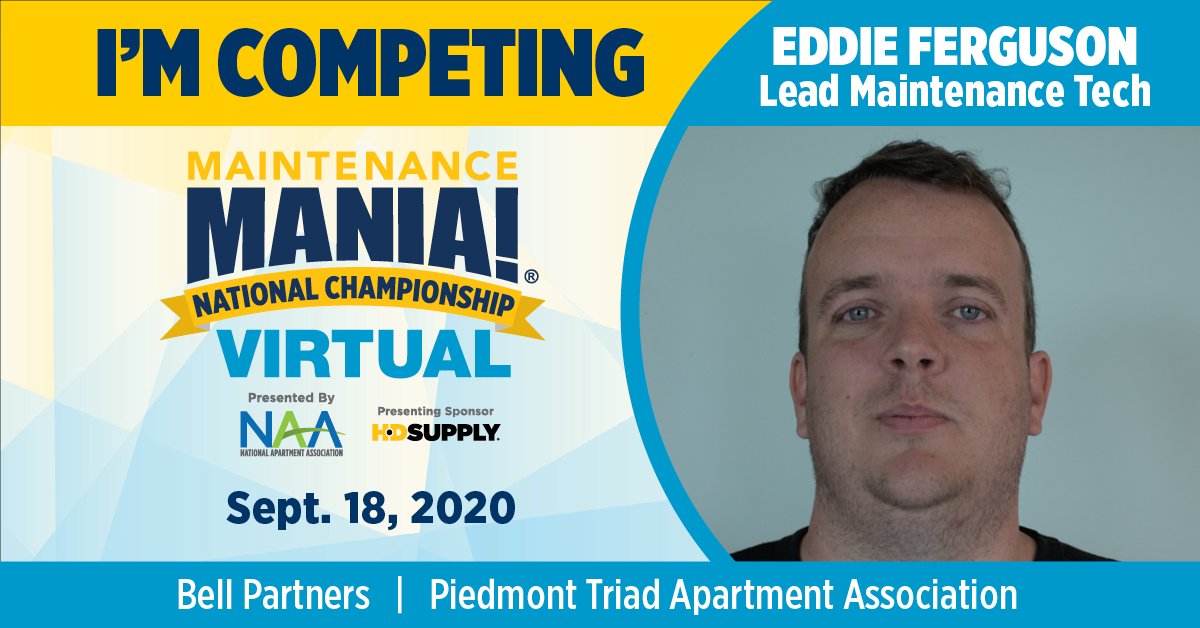 NAAhq's tweet photo. Eddie Ferguson with Bell Partners is proud to represent the Piedmont Triad Apartment Association at #MMNCVirtual! Register to watch Eddie compete at https://t.co/d53X8H9Ah4
#GoEddieGo https://t.co/VDlIg6lGVk