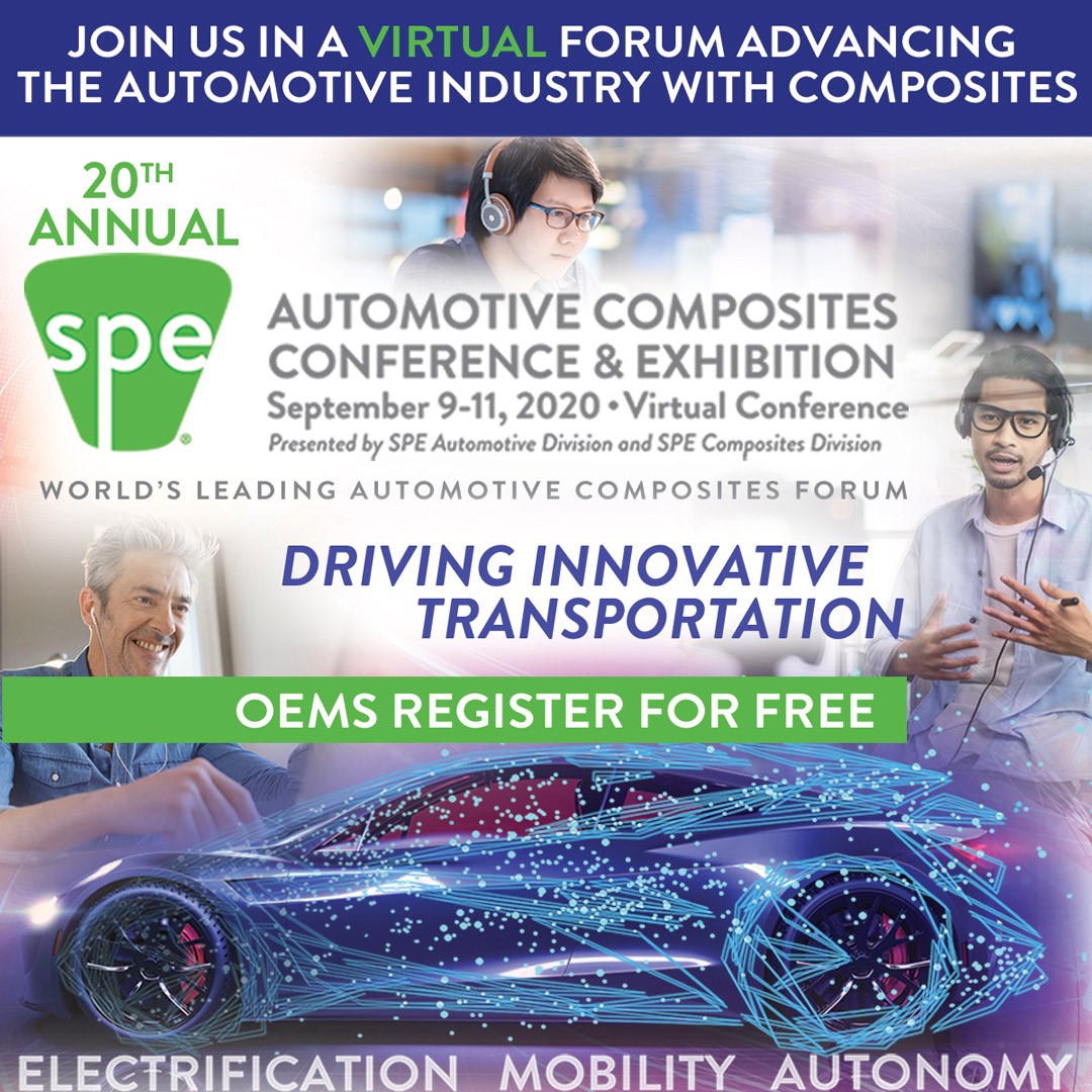 We are a proud sponsor of this afternoon's session of the 20th annual SPE #Automotive #Composites Conference &amp; Exhibition. The session, beginning today at 4:05 p.m. include presentations from Toyota, BASF, GM, and Dieffenbacher. Join us online! ow.ly/3fIy50BmnMm