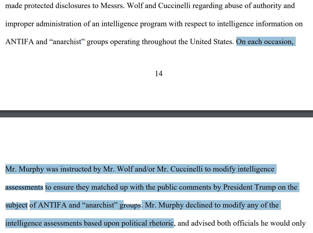 It's important to understand that the whole Trump cabal is implicated here. The whistleblower also claims both Wolf and Cuccinelli ordered changes to intelligence assessments in order to support Trump's ongoing propaganda fabricating a leftist domestic terror threat: