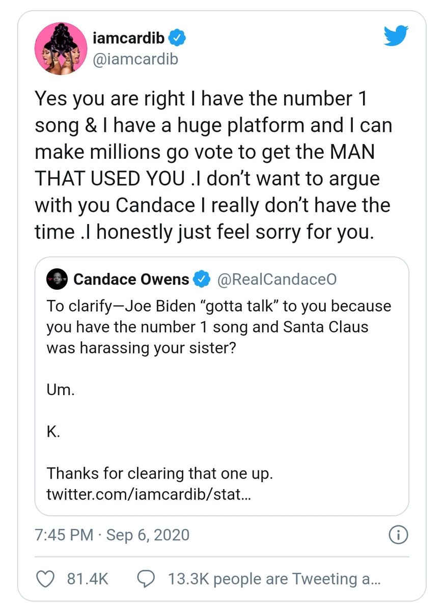 HotFarandula's tweet photo. #9Sep La escritora Candace Owens llamo a la rapera CardiB una analfabeta.El domingo pasado Cardi entrevistó a Bernie Sanders y la escritora calificó esa entrevista como: "es igual a que Justin Bieber entreviste a Trump". También acusó a la rapera de manipular a la poblacion negra https://t.co/mAsEOV5KgA