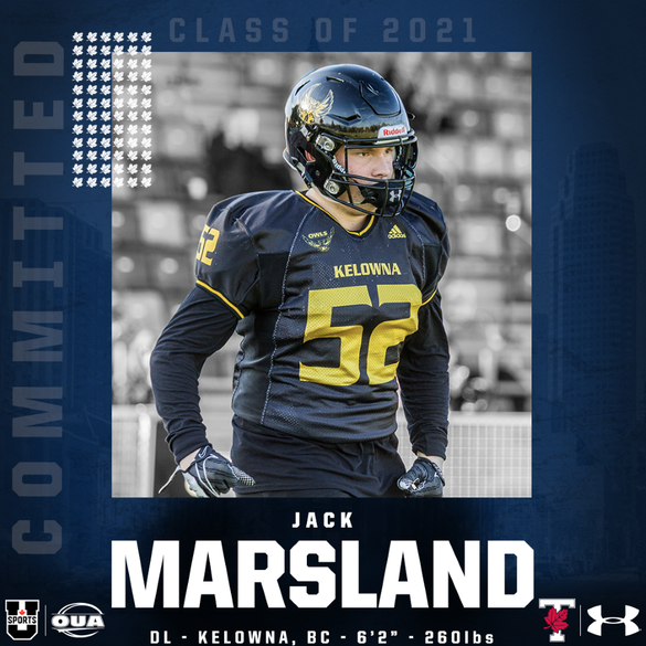 UofTBluesFB's tweet photo. It is a BIG day! The first commit of the 2021 @UofTBluesFB recruiting class is @marsland_jack a 6'2 260 LB Defensive Lineman! Jack comes to us from the @KSSowlsFootball program in Kelowna British Colombia! 

#BLEEDBLUE #WeAreto #BCBlues #KelwonaBlues https://t.co/zs6sMwF6dZ