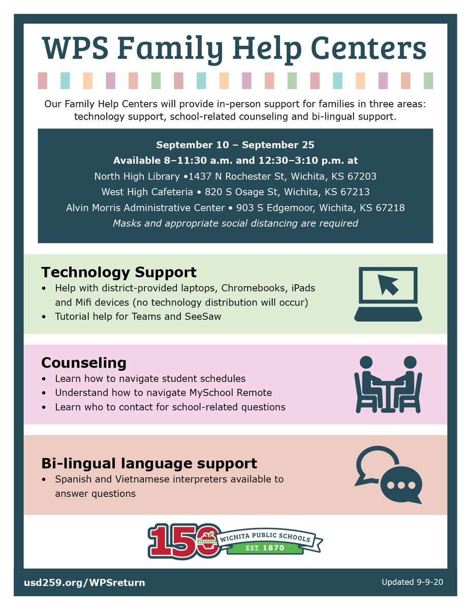 WichitaUSD259's tweet photo. Need help with technology issues? We've created Family Help Centers at North High, West High and the Alvin E. Morris Administrative Center where families can get in-person support Monday-Friday 8-11:30 a.m. and 12:30-3:10 p.m. until Sept. 25. Learn more at https://t.co/Wqx6OrKAYj https://t.co/MoKW9YUtrY