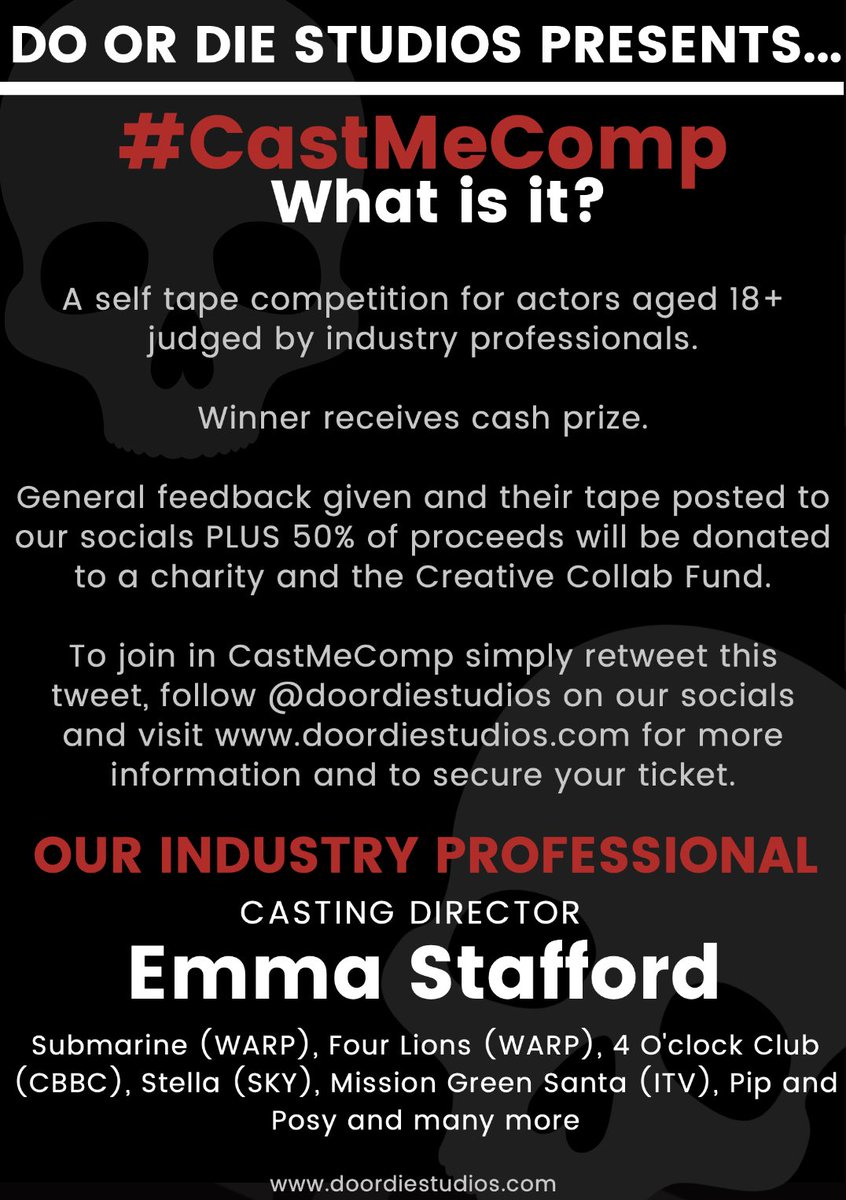 Do or Die Studios (@doordiestudios) on Twitter photo Our next #CastMeComp will be judged by Casting Director EMMA STAFFORD (<a href="/EmmaSCastingCDG/">EmmaStaffordCastingCDG</a> ). Our ‘first to know’ have grabbed the pre sale tickets but general sales are now available at doordiestudios.com/castmecomp Our next #CastMeComp will be judged by Casting Director EMMA STAFFORD (<a href="/EmmaSCastingCDG/">EmmaStaffordCastingCDG</a> ). Our ‘first to know’ have grabbed the pre sale tickets but general sales are now available at doordiestudios.com/castmecomp