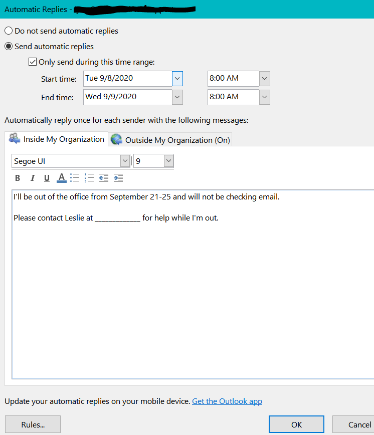 WedelRahill's tweet image. Outlook Tip - Set Automatic Replies when you&apos;ll be gone.

Here&apos;s how:
Click File&amp;gt;Automatic Replies&amp;gt;Fill out the form and click save.

PRO TIP: Be sure to set a reminder on your calendar to take your automatic reply down when you return :)

#O365Tips
#MicrosoftOutlook