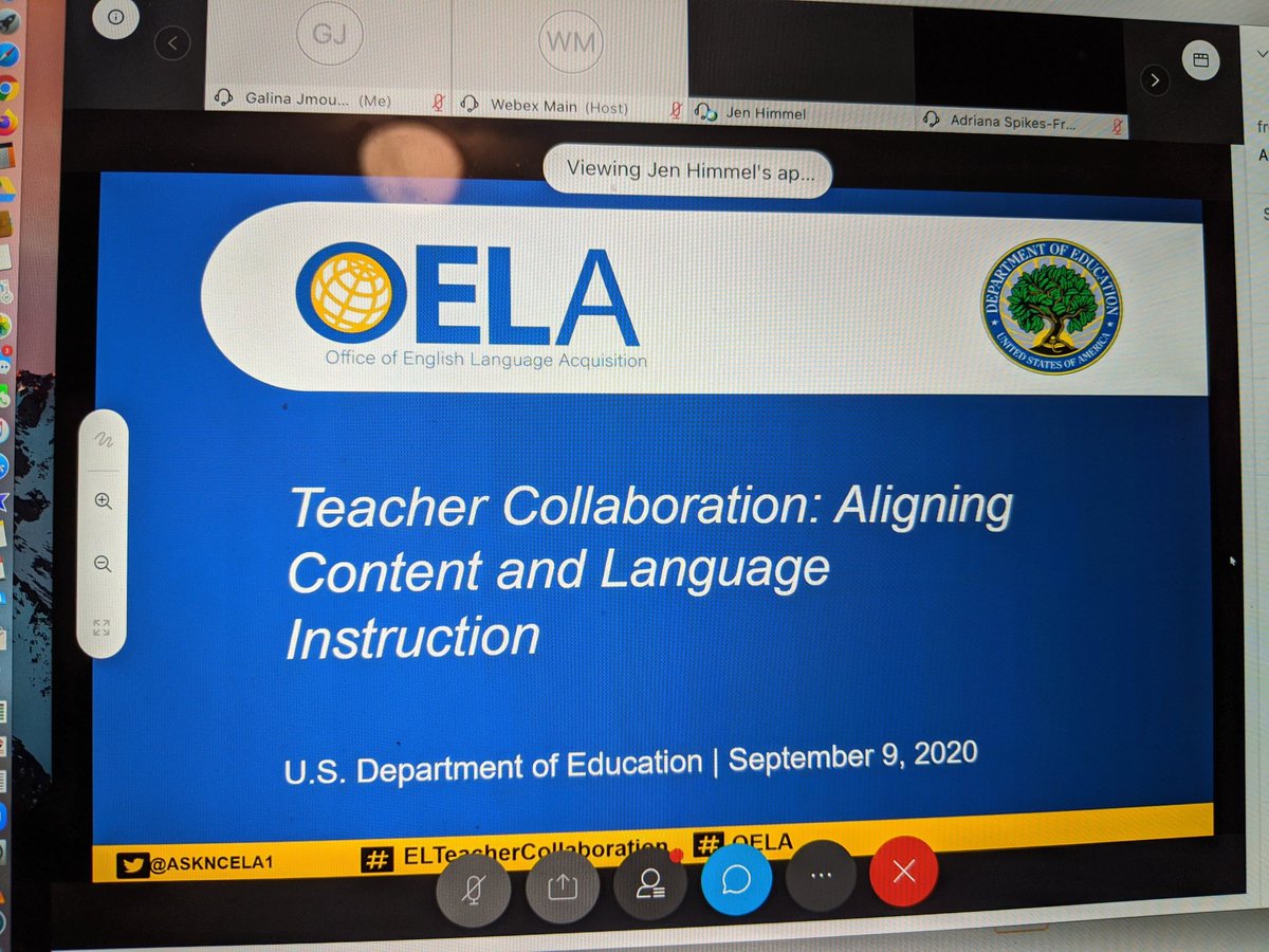 HallaJmourko's tweet photo. Excited to participate in OELA @ASKNCELA1 Webinar "Teacher Collaboration: Aligning Content and Language Instruction." #LanguageLearning is essential achieving #ContentStandards #ELLs #OELA #ELTeacherCollaboration #ContentLanguage #ESOLEngaged https://t.co/VHFPEL8SGL