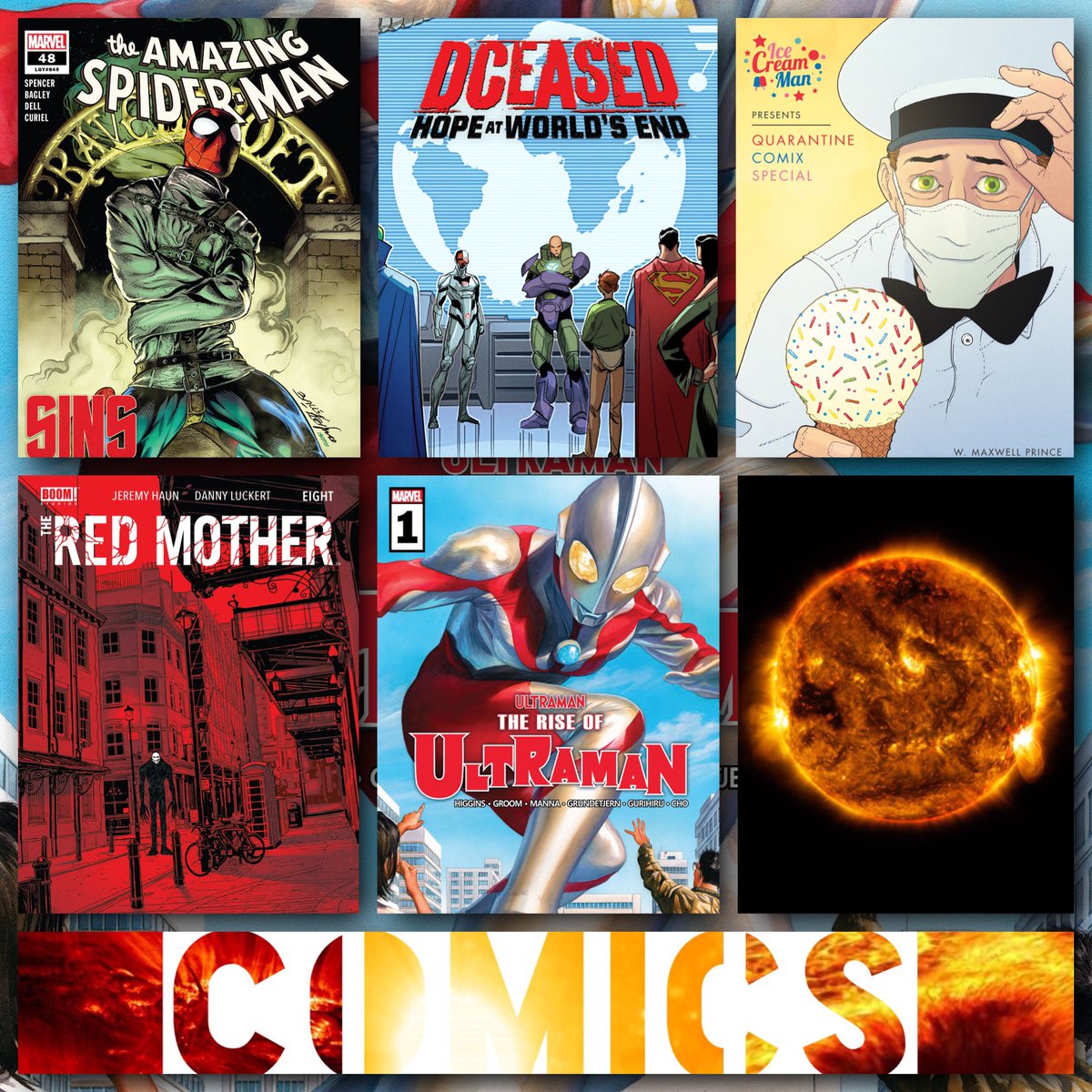 SunspotsComics's tweet photo. ☀️#NCBD #podcast #fantasy #indiecomics #new #fun #comics #comicbooks #creatorownedcomics #comicbook #adventure #comicbookpodcast #dceased #AmazingSpiderMan #spiderman #DceasedHopeatWorldsEnd #icecreamman #IceCreamManQuarantineSpecial
#RedMother #horror
#RiseofUltraman #zombies https://t.co/8AMhpBbwXu