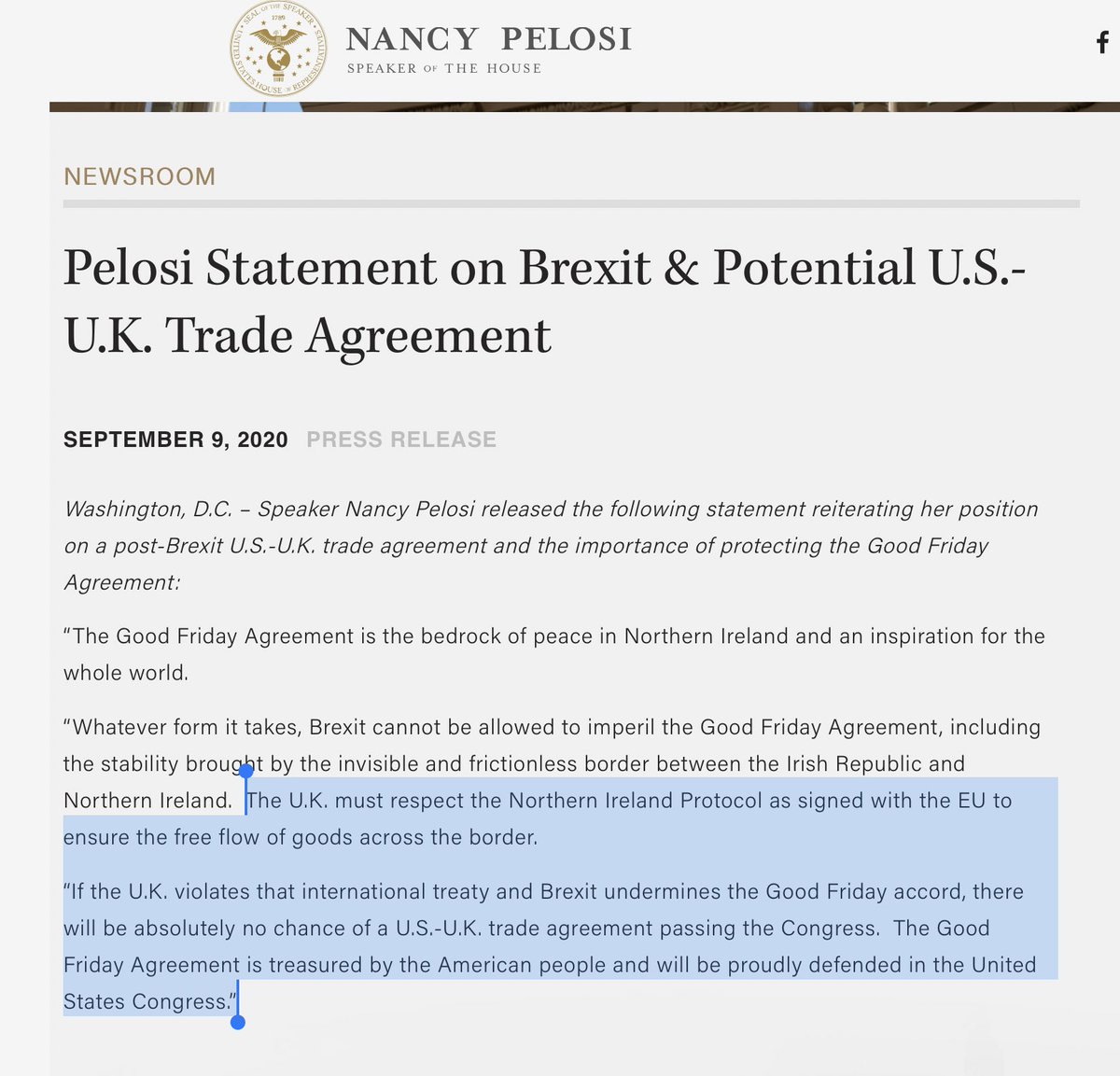Escalating now...Speaker of the House Nancy Pelosi:“The U.K. must respect the Northern Ireland Protocol as signed with the EU ..If the U.K. violates that international treaty/ undermines GFA ..there will be absolutely no chance of a U.S.-U.K. trade agreement passing Congress”.