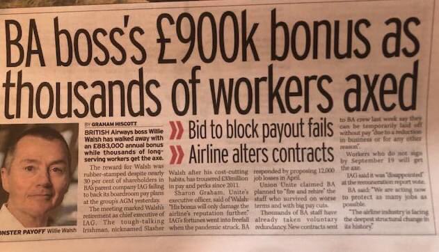 LittleMiss_Busy's tweet photo. BA employees get the axe and he walks away with a humongous bonus 🤬🤬🤬🤬🤬🤬#CorporateGreed #BAbetrayal .@BaBetrayal https://t.co/Or0iK0e0ux