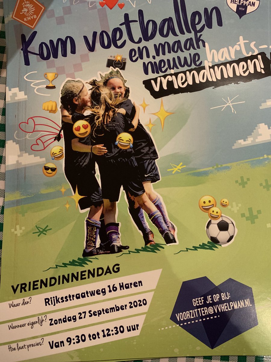 Kom voetballen!!
⚽️ vriendinnendag ⚽️ 27 september 2020 ⚽️ van 9.30 tot 12.30 uur ⚽️