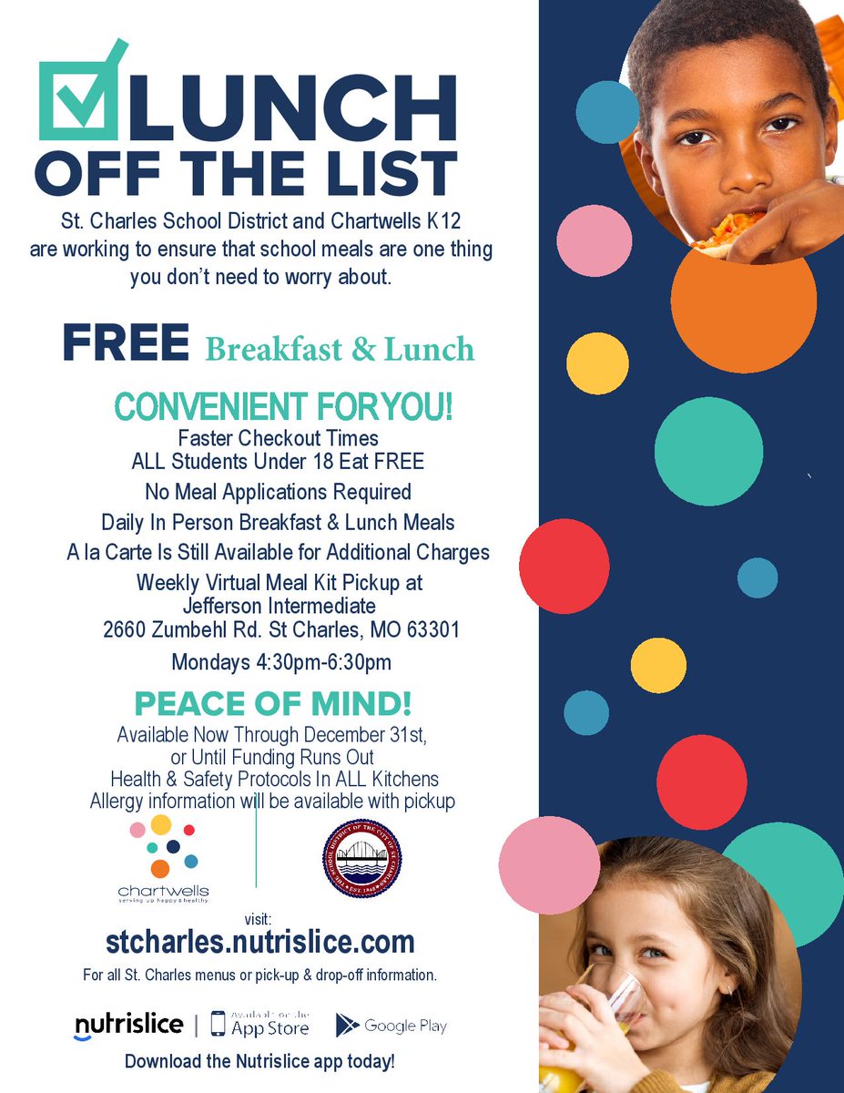 StChasCitySch's tweet photo. In an effort to keep our students and community safe, healthy and fed, SCSD and @ChartwellsK12  will be offering free meals to any child in our district under the age of 18! This program will run until the end of the year or until funding runs out. See below for full details. https://t.co/IYyCye9AkL