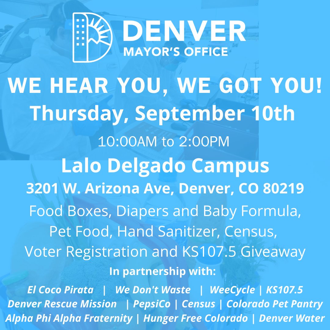 KS1075's tweet photo. Westside we are coming out to see you tomorrow (with our masks of course!). Join us, the Mayor's Office and Alpha Phi Alpha Fraternity to get free food, baby supplies and more. !#KS1075 #DenverAlphas #defjamforward #mayorhancock #vote2020 #vote2020 #denver https://t.co/siMr5XEXcg
