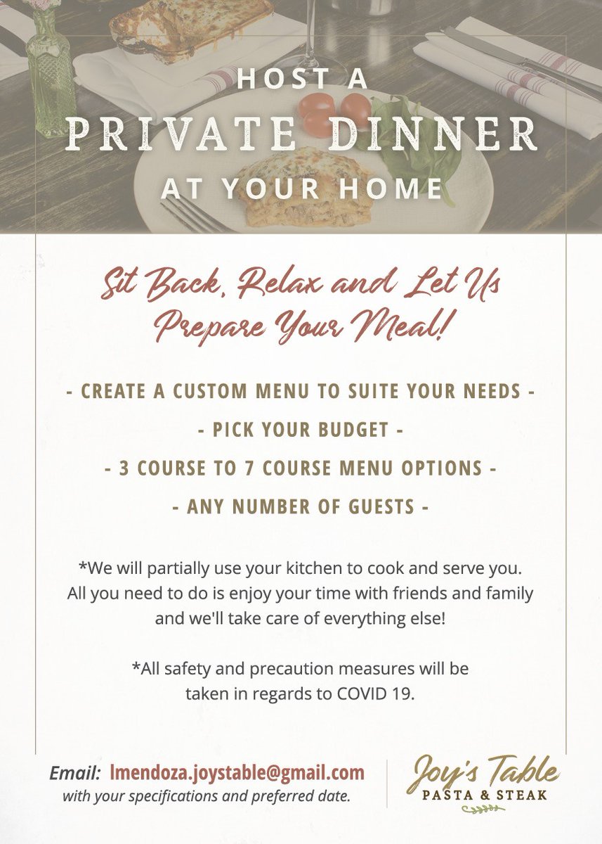 joys_table's tweet photo. ⭐️Private Dinners⭐️

We are now offering Private Dinners in the comfort of your home! Create a menu for you and your guests and we will do the rest. Email lmendoza.joystable@gmail.com to begin the plans for the perfect date night in!  

#datenightin #joystable #privatedinner https://t.co/svlRZuTdzN