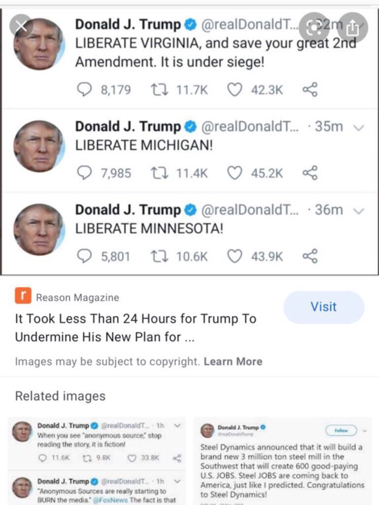 AJECHARLES's tweet photo. @DeadlineWH @NicolleDWallace @MSNBC @DonnaFEdwards @Robt_Gibbs @AshleyRParker .. so trump just said that he didn’t want to #CreateAPanic abt #Covid19 but he does mind creating a panic abt suburbia &amp; asylum-seekers crossing the border &amp; Liberate MI MN &amp; VA tweets 🤷🏾‍♂️WTF
#DeadlineWH https://t.co/KKC5O94Fsj