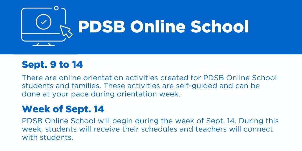 Peel District School Board (@peelschools) on Twitter photo Reminder - #PDSBOnlineSchool orientation activities are self-guided and can be completed at your own pace: sites.google.com/pdsb.net/pdsbo…
Week of Sept. 14: 
- schedules will be shared
- teachers will connect with students
- PDSB Online School will begin 
More: peelschools.org/schools/reopen… Reminder - #PDSBOnlineSchool orientation activities are self-guided and can be completed at your own pace: sites.google.com/pdsb.net/pdsbo…
Week of Sept. 14: 
- schedules will be shared
- teachers will connect with students
- PDSB Online School will begin 
More: peelschools.org/schools/reopen…