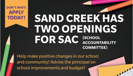 Today at 9pm is deadline to submit SAC candidate application! Please send your name and short paragraph introducing yourself and why you would like to serve on SAC to ppekarek@dcsdk12.org 
#EagleStrong #BetterTogether #SOAR