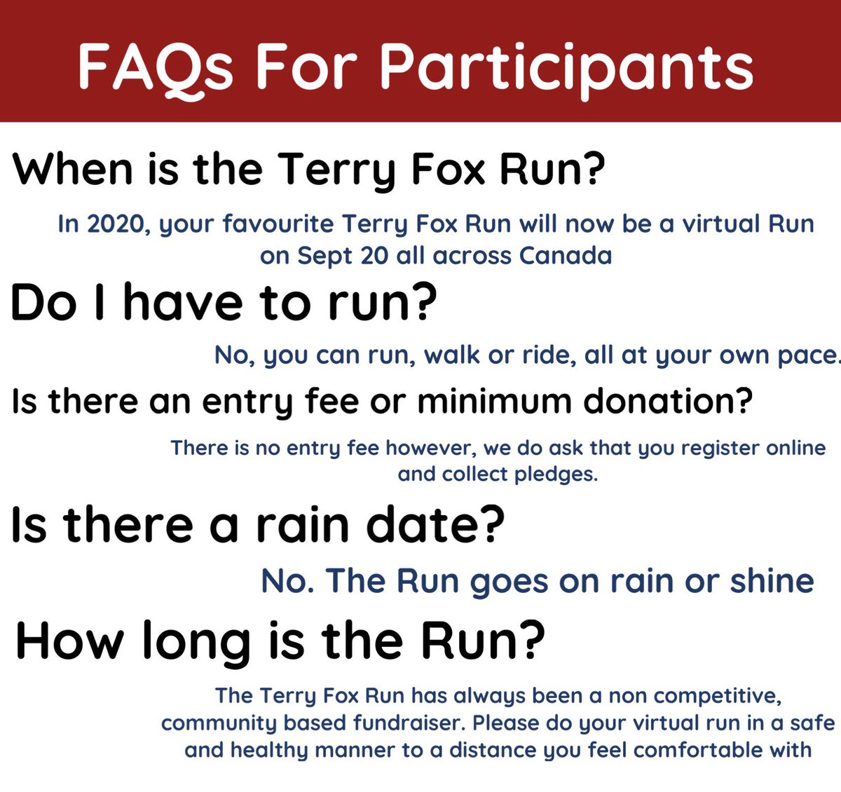 Wondering about how this years run is going to work? Here are some FAQs for participants! If you have any other questions, feel free to message us😁 
-
-
-
#terryfox #terryfoxfoundation #terryfoxrun #Toronto #canada