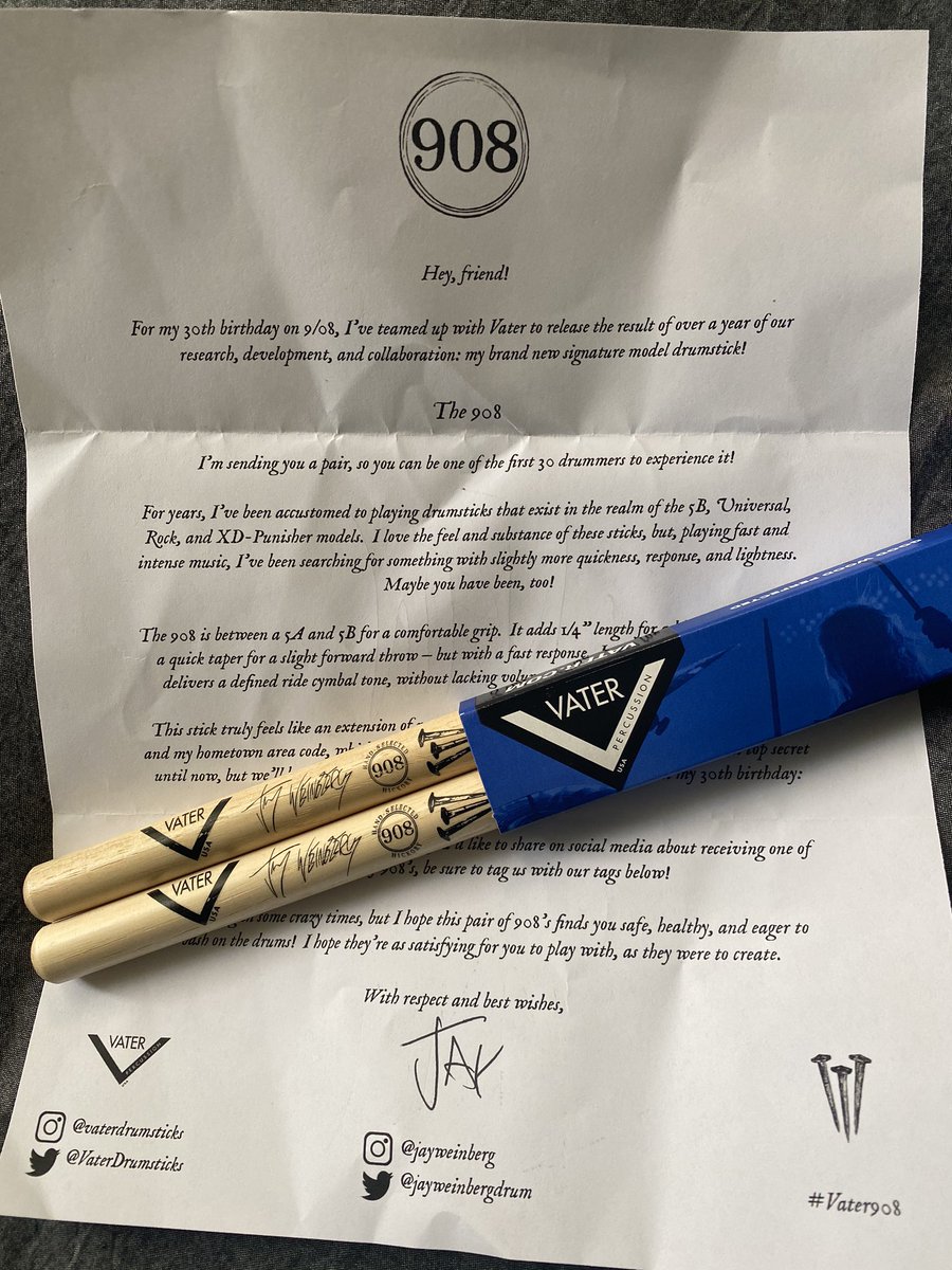 JSNace's tweet photo. Thank you @jayweinbergdrum! These feel awesome! @VaterDrumsticks #switchtovater https://t.co/NMOlhbcj7b