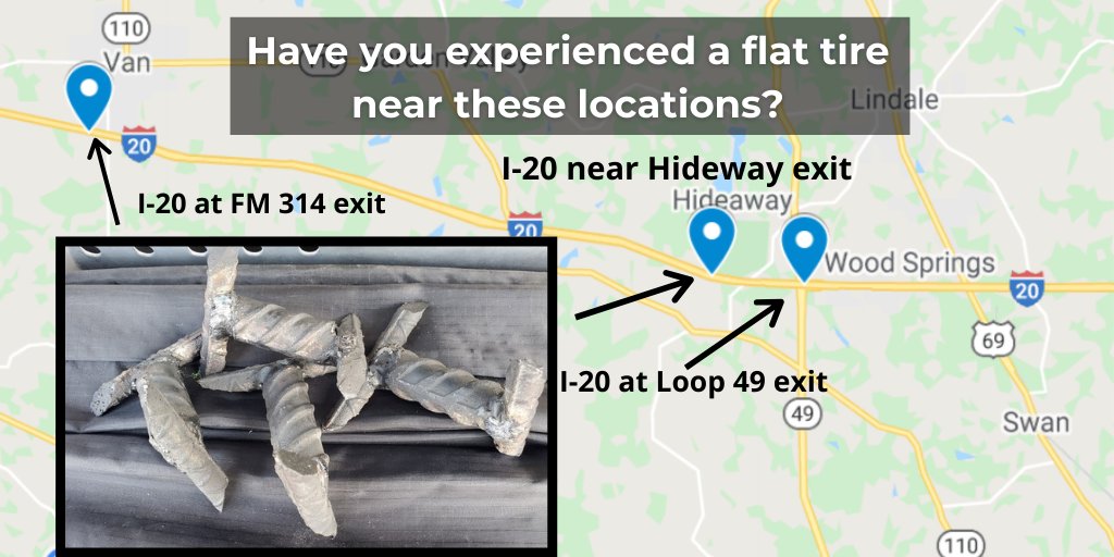 KLTV7's tweet photo. ⚠ Smith County authorities want to speak with owners of vehicles possibly damaged by #caltrops near #I20 and #Toll49>> https://t.co/rx2F8jiFLb #Interstate20 https://t.co/zda2NWMKD1