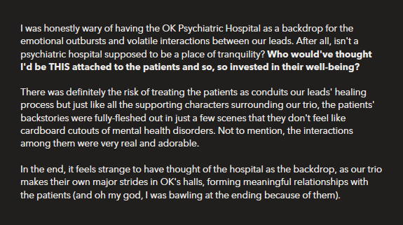 #5 Patients at the hospital and their backstories: TL;DR WHY I CRIED MY EYES OUT AT FINDING THE REAL FACE  IOTNBO is as much about the patients as it is abt the trio; my heart ached and was so full by the end bc of them 