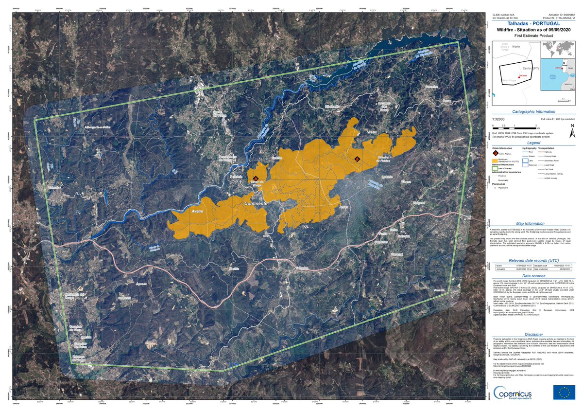🇵🇹 EMS #RapidMapping was activated after a forest fire spread rapidly due to strong winds in Concelho of Oliveira de Frades. We keep monitoring with #EMSR462 and support <a href="/ProteccaoCivil/">Autoridade Nacional de Emergência e Proteção Civil</a> with their efforts to contain the fire.
🔗 ow.ly/R9LB50BkJ7e | #EMSR462