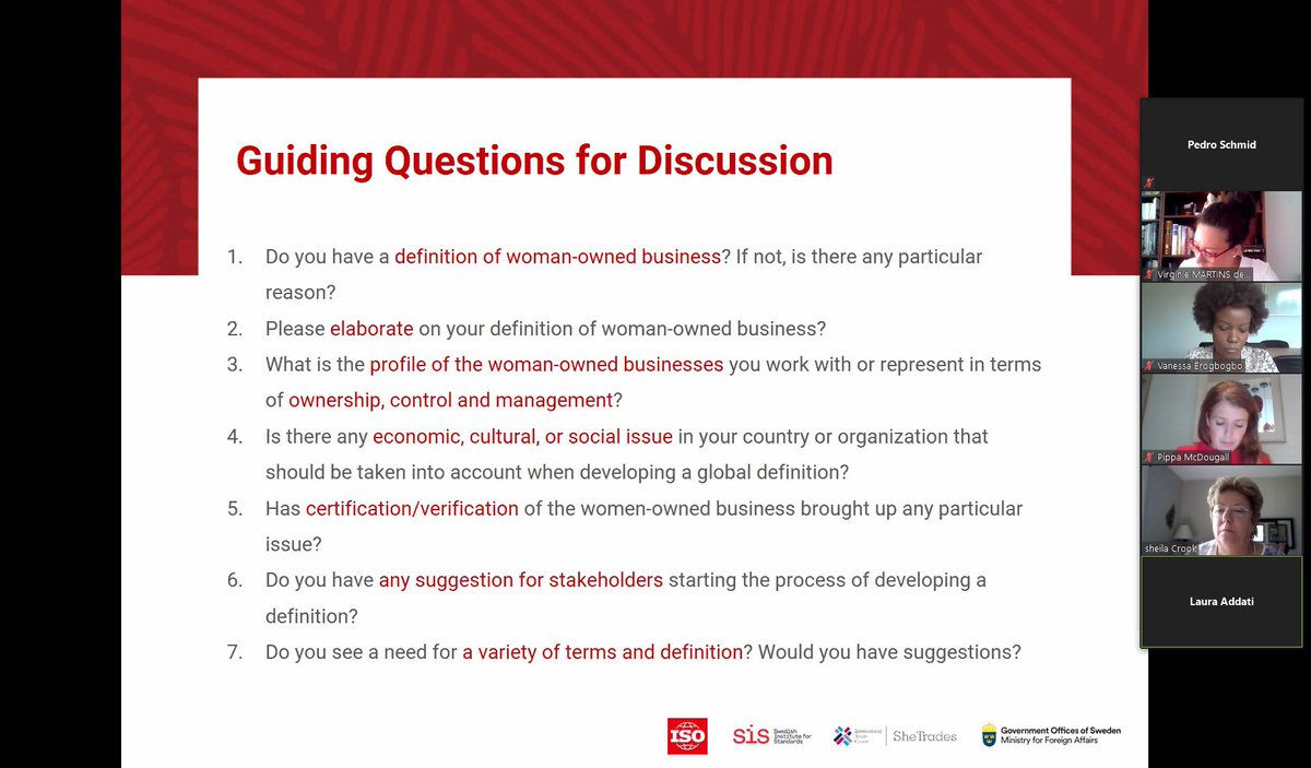 > 100 stakeholders in the women's entrepreneurship ecosystem dialled in today to discuss issues surrounding the definition of a "woman-owned business".

#SheTrades thanks its partners at <a href="/UN_Women/">UN Women</a>, <a href="/svenskstandard/">Svenska institutet för standarder, SIS</a>, <a href="/Empower_Women/">Empower Women</a> for supporting its <a href="/isostandards/">ISO</a> #IWA process 👩‍💻