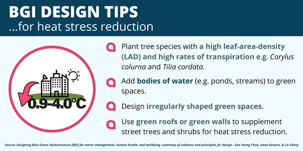 How can cities adapt to rising temperatures?A green space with a waterbody can lower the area's temperature by between 0.9°C & 4.0°C. Tree species with a high leaf-area-density (LAD) are also effective at cooling air temperatures.From the report:  https://northsearegion.eu/media/14560/bgi-and-health-report.pdf