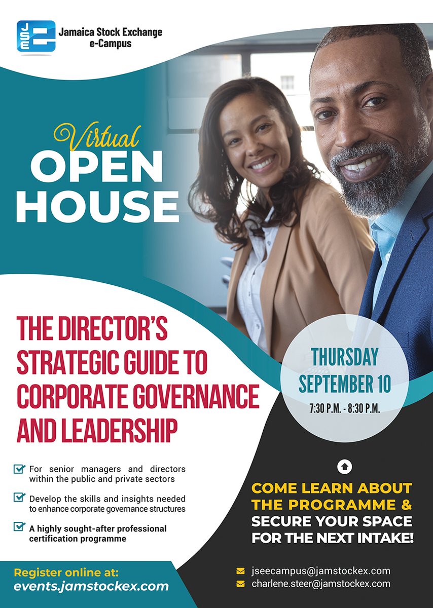CampusJSE's tweet photo. If you're a business leader, senior manager or director, this programme is ideal for you!
Visit https://t.co/yIa2nJv7w2 or email us at jseecampus@jamstockex.com now and register for this Open House! #DirectorsGuide #JSEeCampus #LevelUp #InvestInKnowledge https://t.co/z3ryXFj5Ku