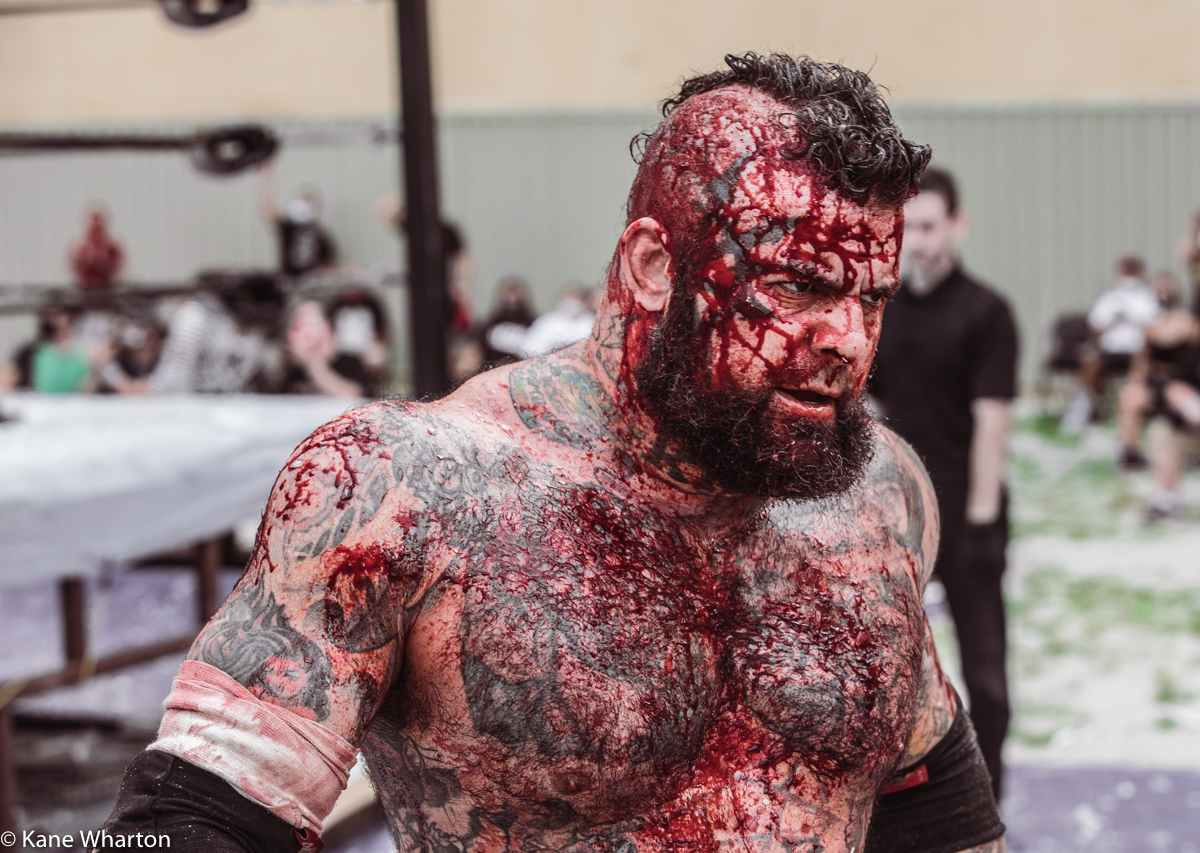 Kane_B13's tweet photo. Candids of wrestlers walking to the back after a #deathmatch. #gcw #tournamentofsurvival. Shlak, Atticus Cogar, Allie Kat, Alex Colon #gcwtos5 https://t.co/TosTZ7U80n