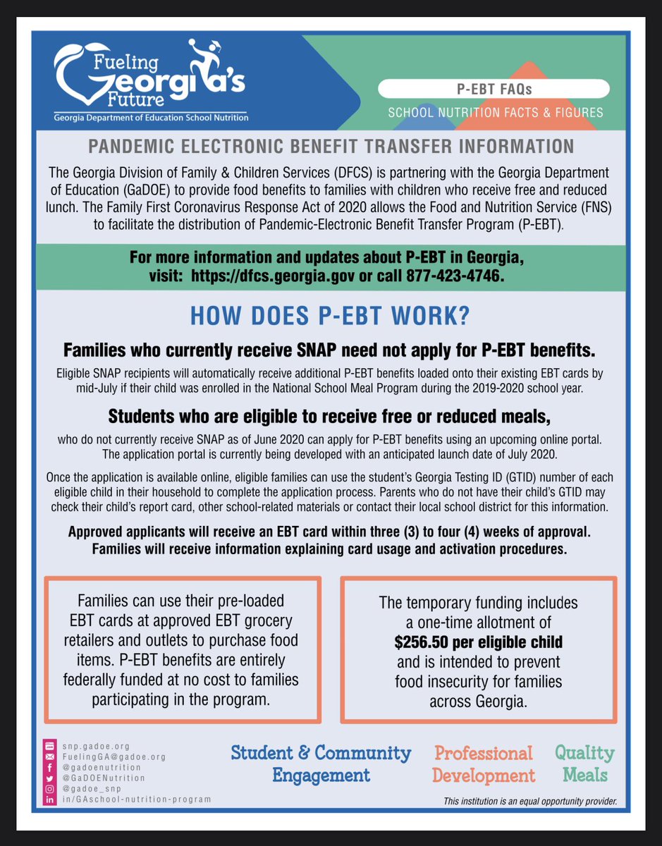 Are you the parent/guardian of a CCSS student who received free or reduced-price meals during the 2019-20 SY? If so, did you know you are eligible to receive Pandemic Electronic Benefit Transfer assistance? The deadline to submit an online application through DFCS  is 9/18/2020.