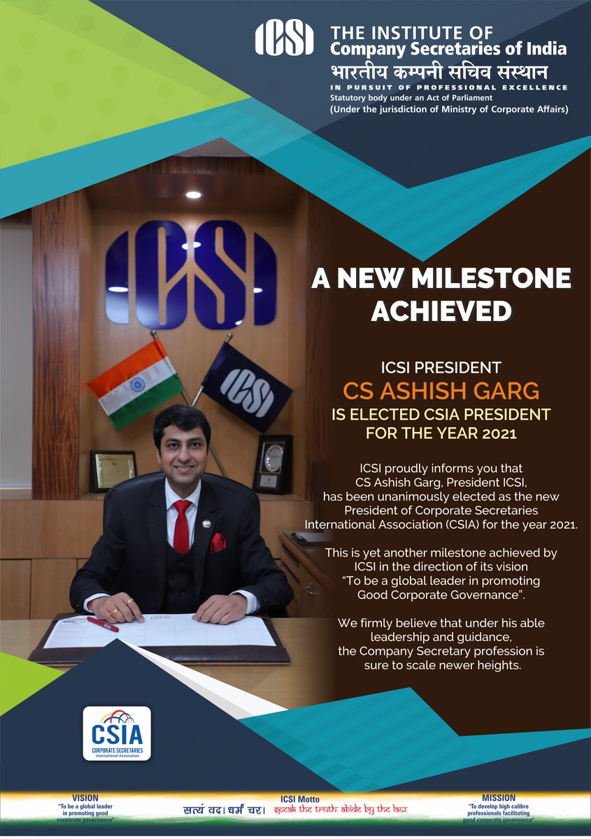 icsi_cs's tweet photo. #ICSI President, #CS Ashish Garg elected as President, #CSIA for the Year 2021 #csashishgarg https://t.co/Mc9RY7vsPt