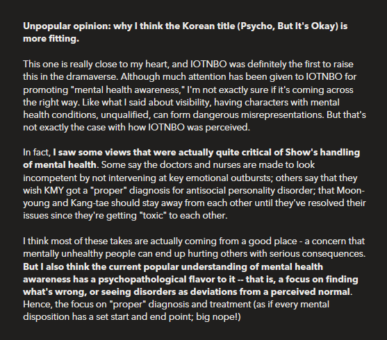 #6 On neurodiversity and psychopathology: PBIO > IOTNBO for me at least Still a debate even among my psych frens whether KMY has ASPD, but I do appreciate threads like this:  https://twitter.com/doepikapadukone/status/1299102158021963777Regardless, IOTNBO is such a HUGE win for neurodiversity on TV. 