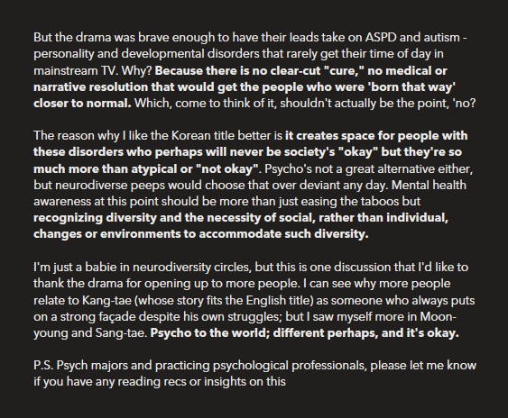 #6 On neurodiversity and psychopathology: PBIO > IOTNBO for me at least Still a debate even among my psych frens whether KMY has ASPD, but I do appreciate threads like this:  https://twitter.com/doepikapadukone/status/1299102158021963777Regardless, IOTNBO is such a HUGE win for neurodiversity on TV. 